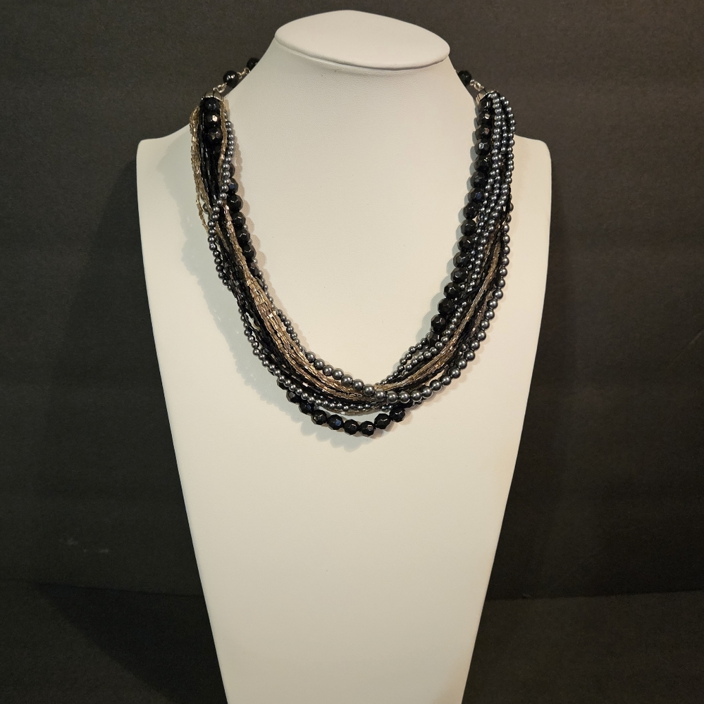 Multi-Faceted Black Silver Beaded Necklace Silver-tone 9.5"